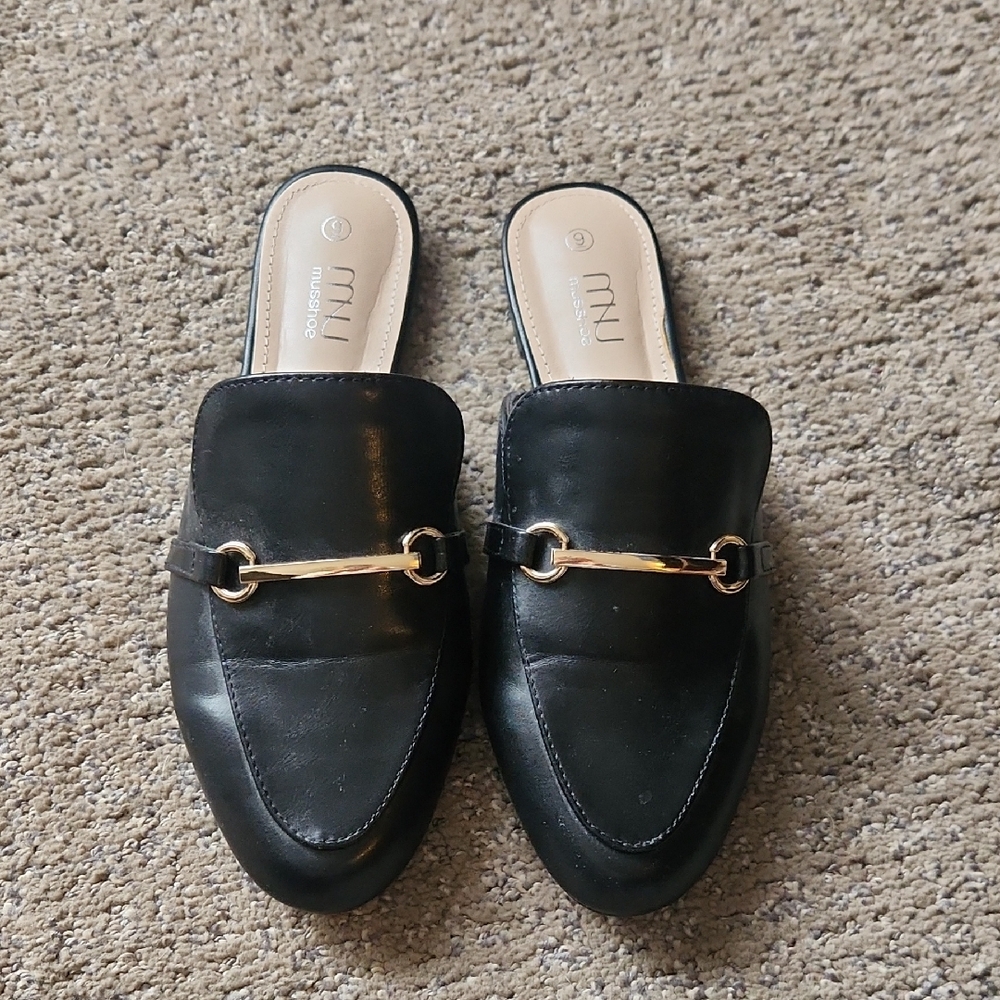 Musshoe Black Mules with Gold Detail